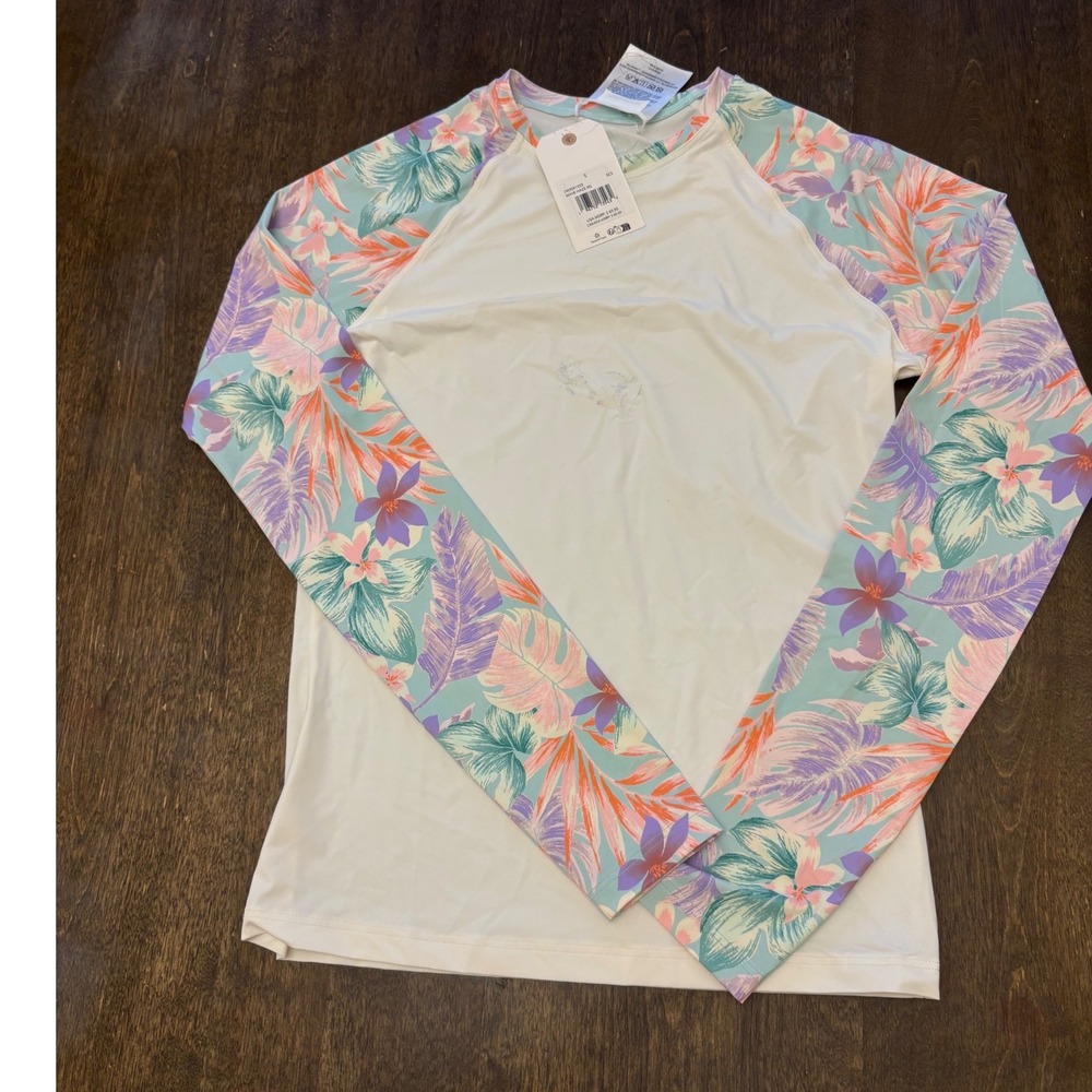 Billabong Womens Wave Haze Rash Guard Long Sleeve Floral Swim Top White Small